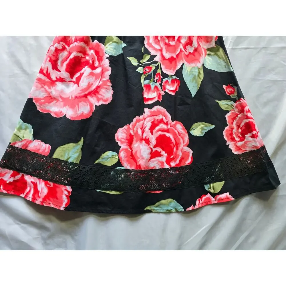 B. Smart Floral Fit & Flare Dress Black Red Rose Print Size 4 Lace Trim - Picture 7 of 8